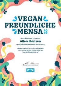 Urkunde von PETA für die Mensen des Studierendenwerks