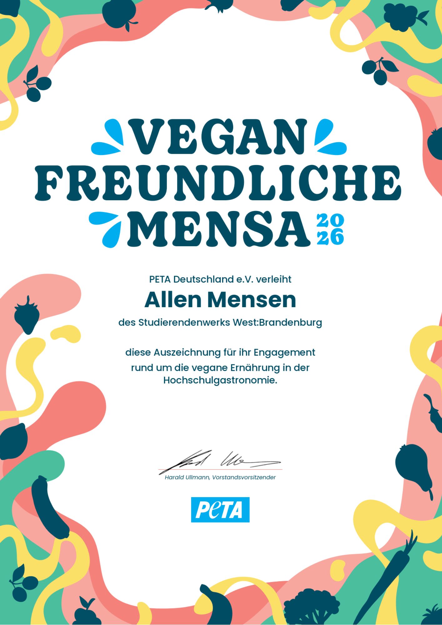 Urkunde von PETA für die Mensen des Studierendenwerks