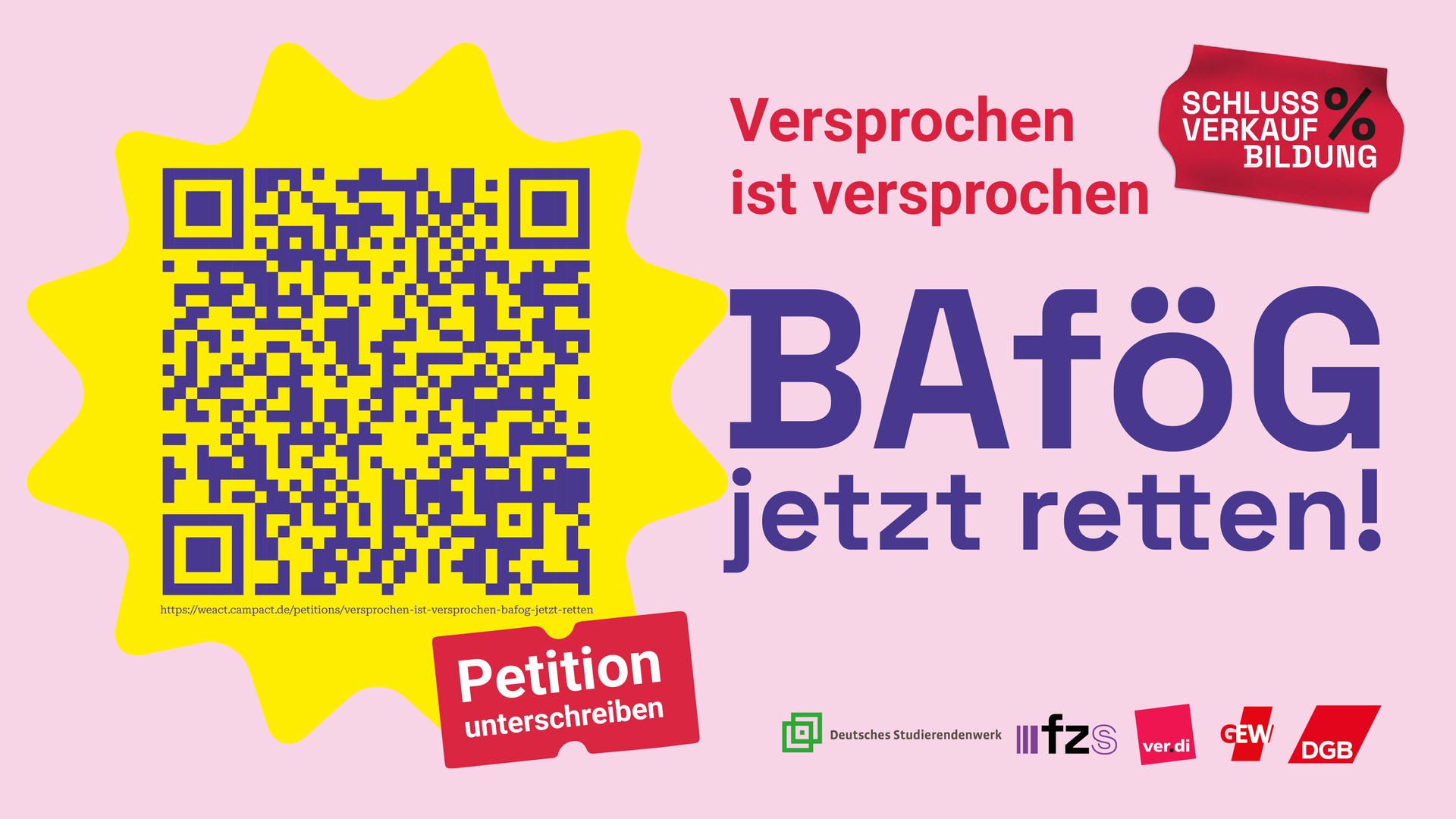 QR-Code zur Online-Petition „Versprochen ist versprochen – BAföG jetzt retten“ auf der Plattform WeAct.
