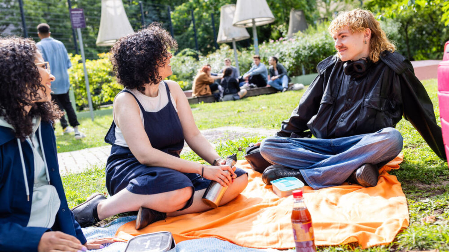 Studierende sitzen auf einer Decke im Park und unterhalten sich.