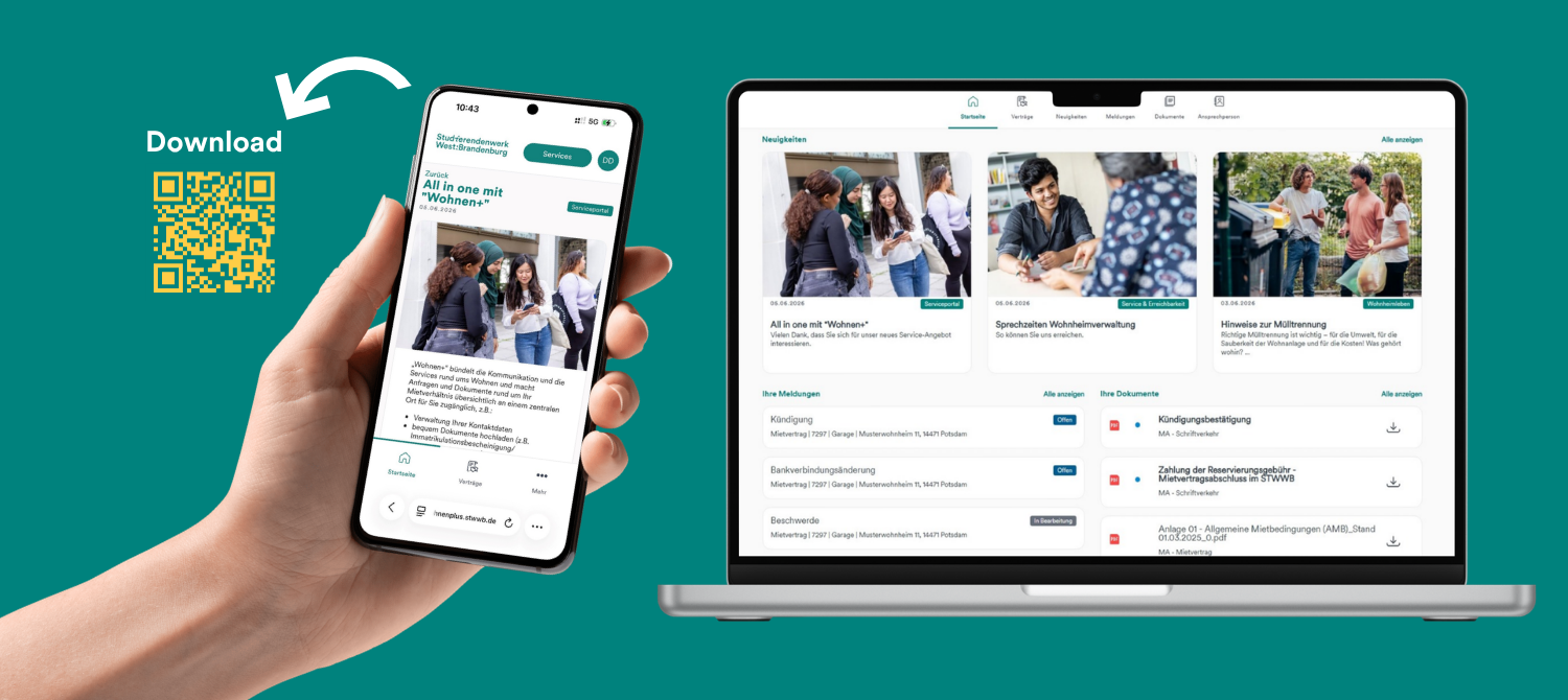 Smartphone und Laptop zeigen das Serviceportal Wohnen+ mit QR-Code zum Download.